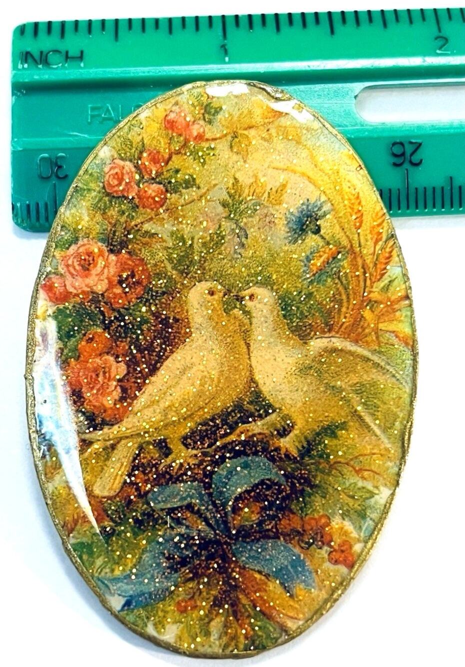Amazing Vintage Epoxy Hand Painted Two Birds Landscape Brooch ~2X1.5inch